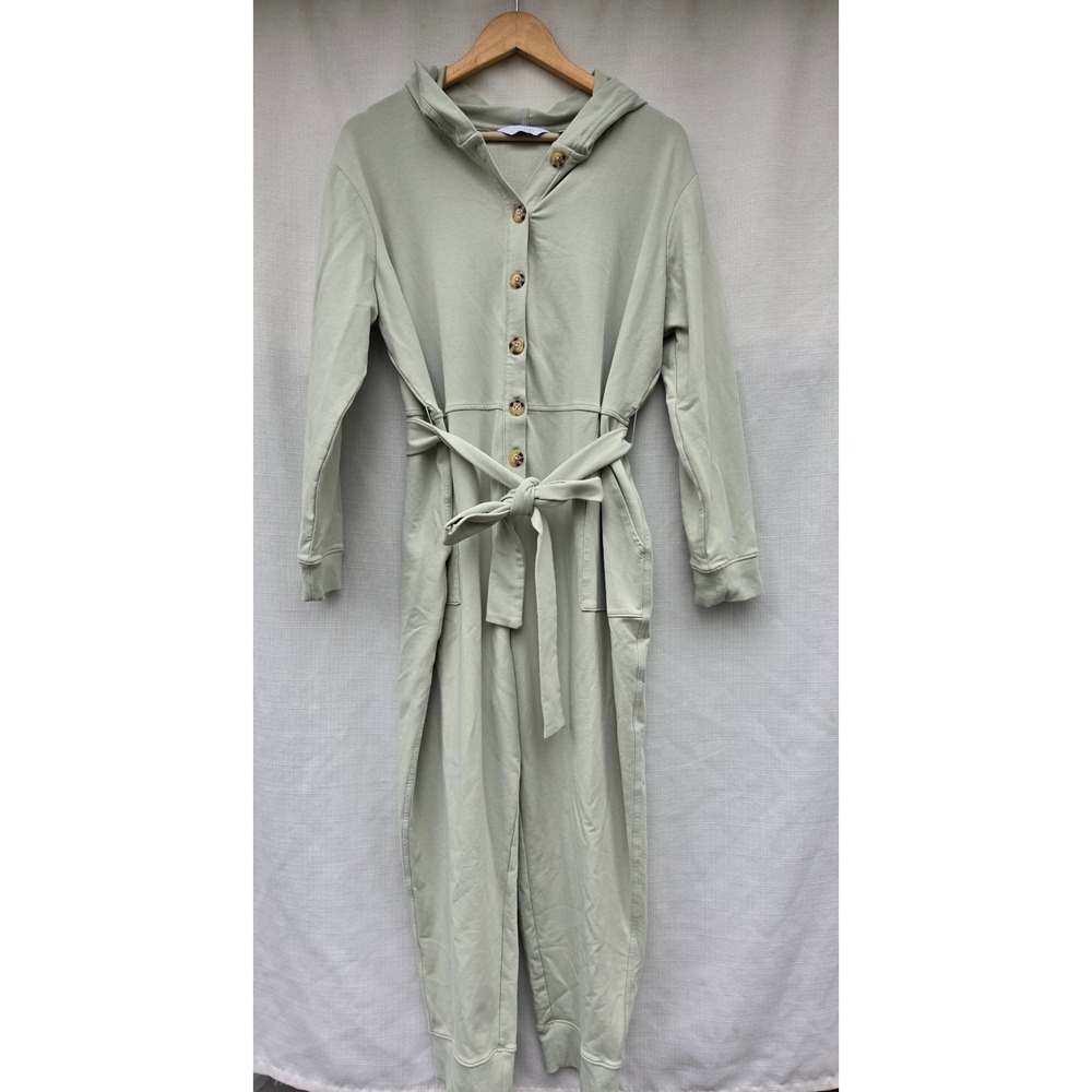 Encore by Idina Menzel Sage Green Hooded Button Front Belted Jumpsuit Large